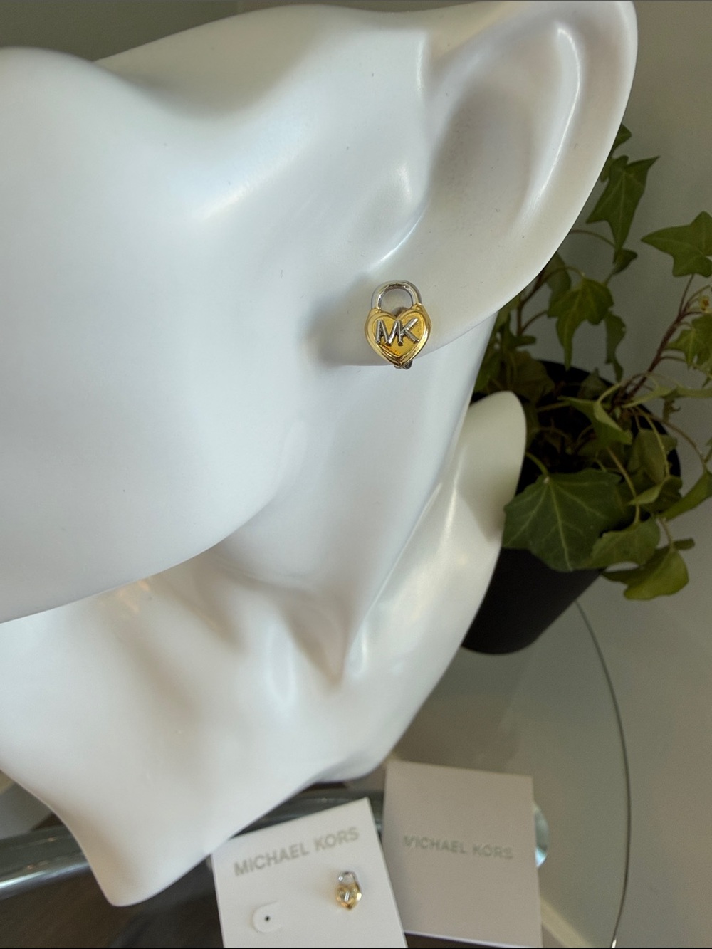 Michael Kors Two-Tone Gold Heart MK Stud Earrings